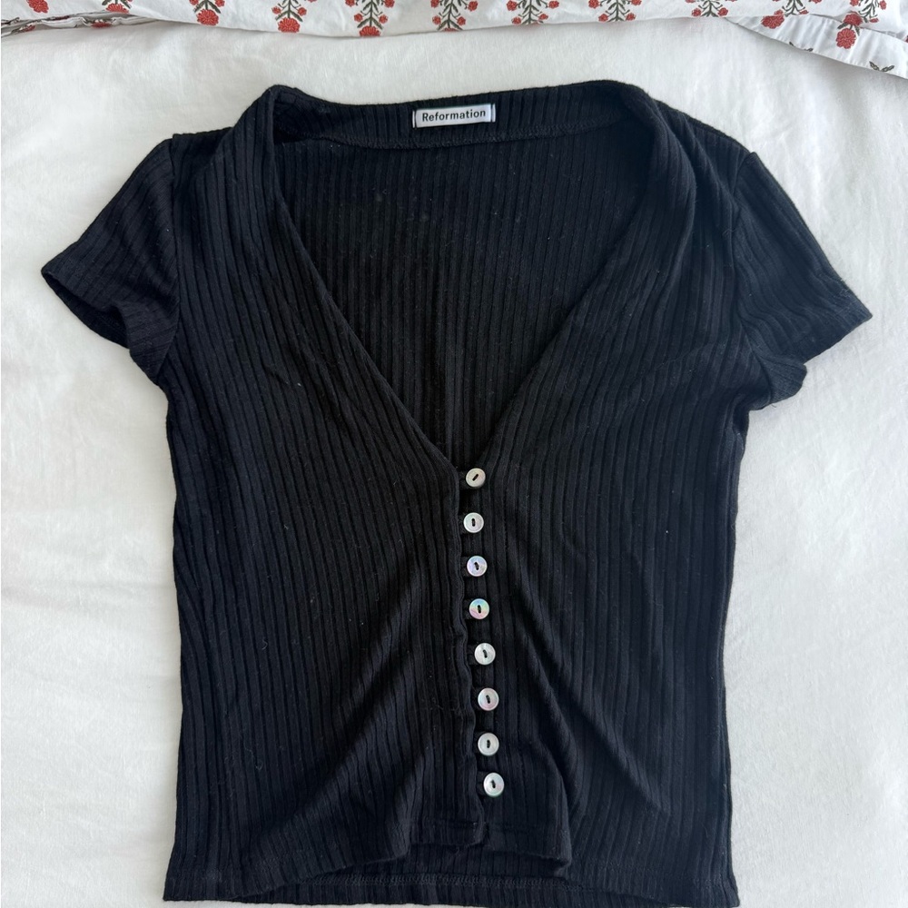 Reformation Black Fitted Ribbed Button Down Shirt
